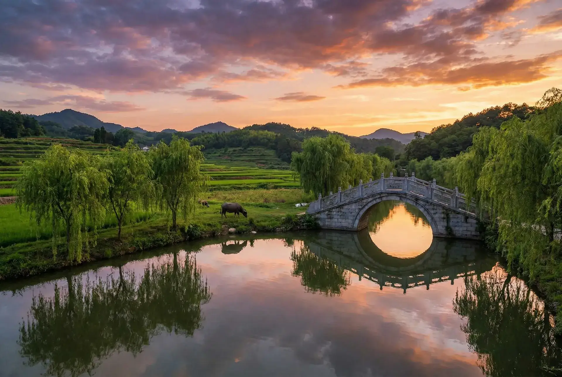 夕阳下的石拱桥与垂柳，水牛在河边吃草 - 诸葛亮抖袖 乡村美景